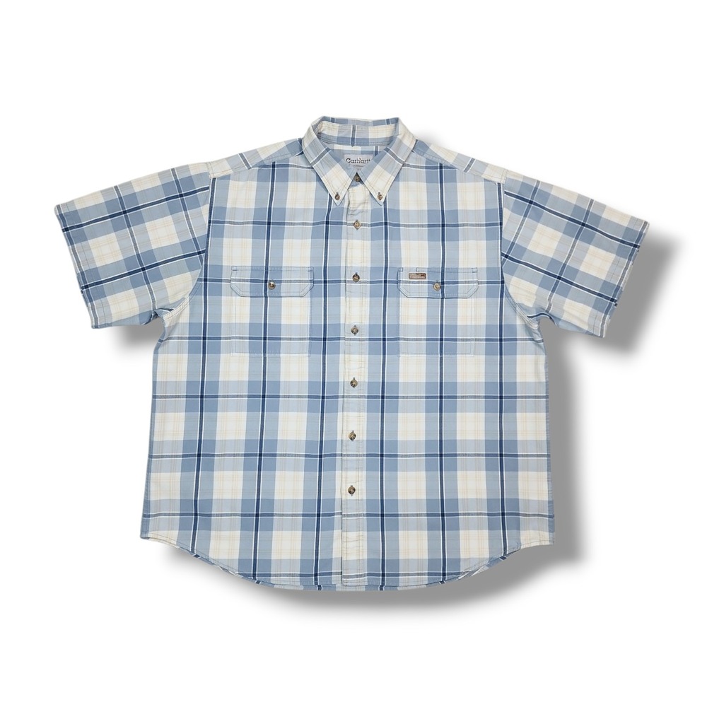 Vintage Carhartt Blue / White Short Sleeve‎ Button Down Shirt Men's XL
